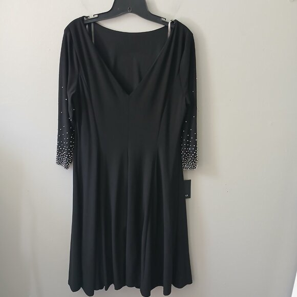 Marina Women's Sz L Black Cocktail Dress Beaded Black Long Sleeve‎ Midi NWT - Picture 14 of 16
